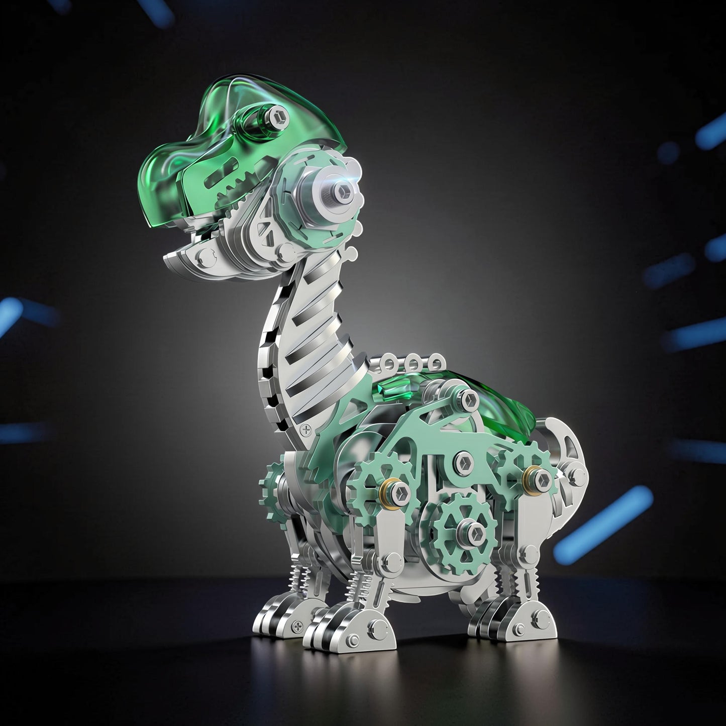 The Curious Mind Brachiosaurus 3D metal model kit with green translucent head and teal accents, featuring intricate gears and metallic construction.