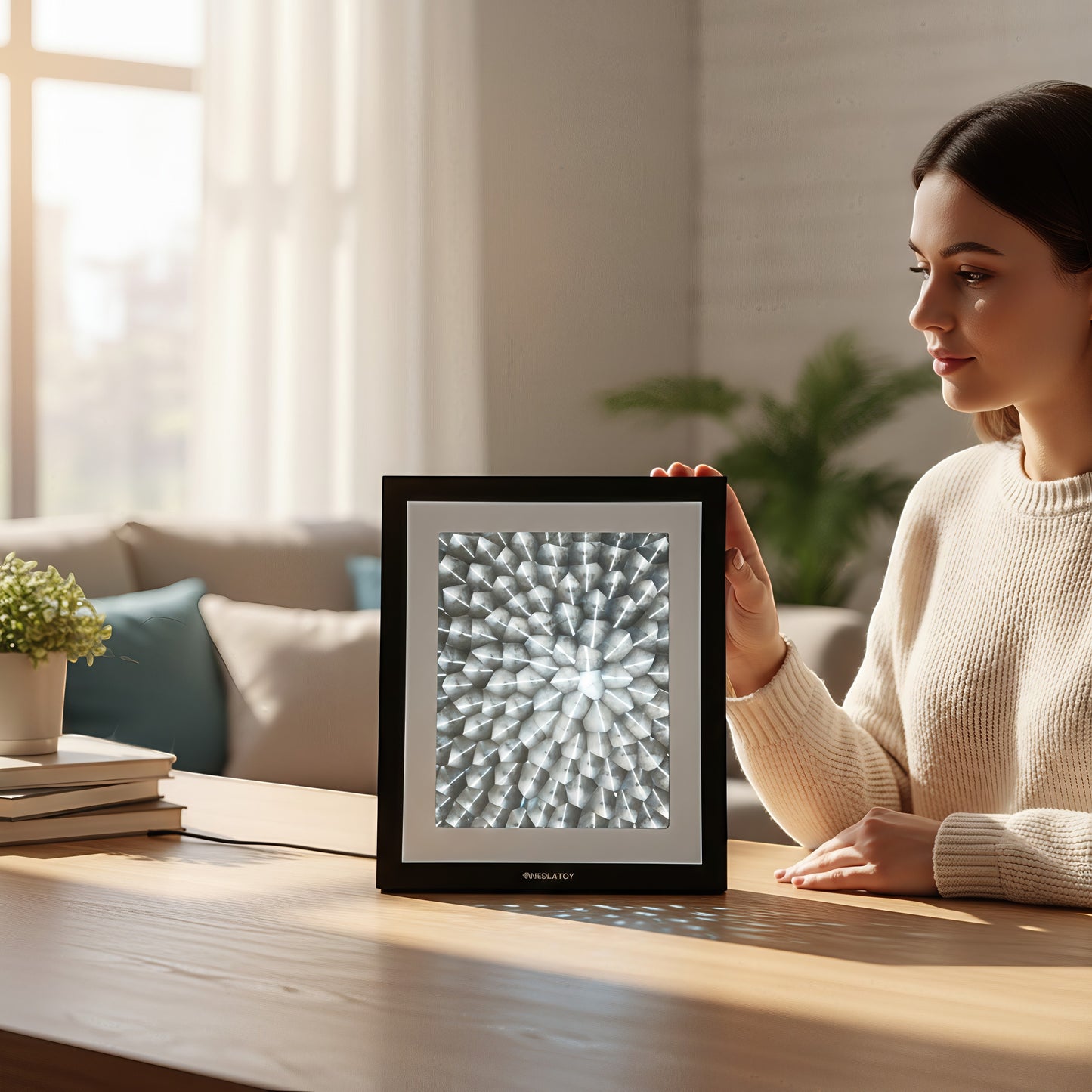 The Curious Mind illuminated art frame with black frame and geometric light effect display.