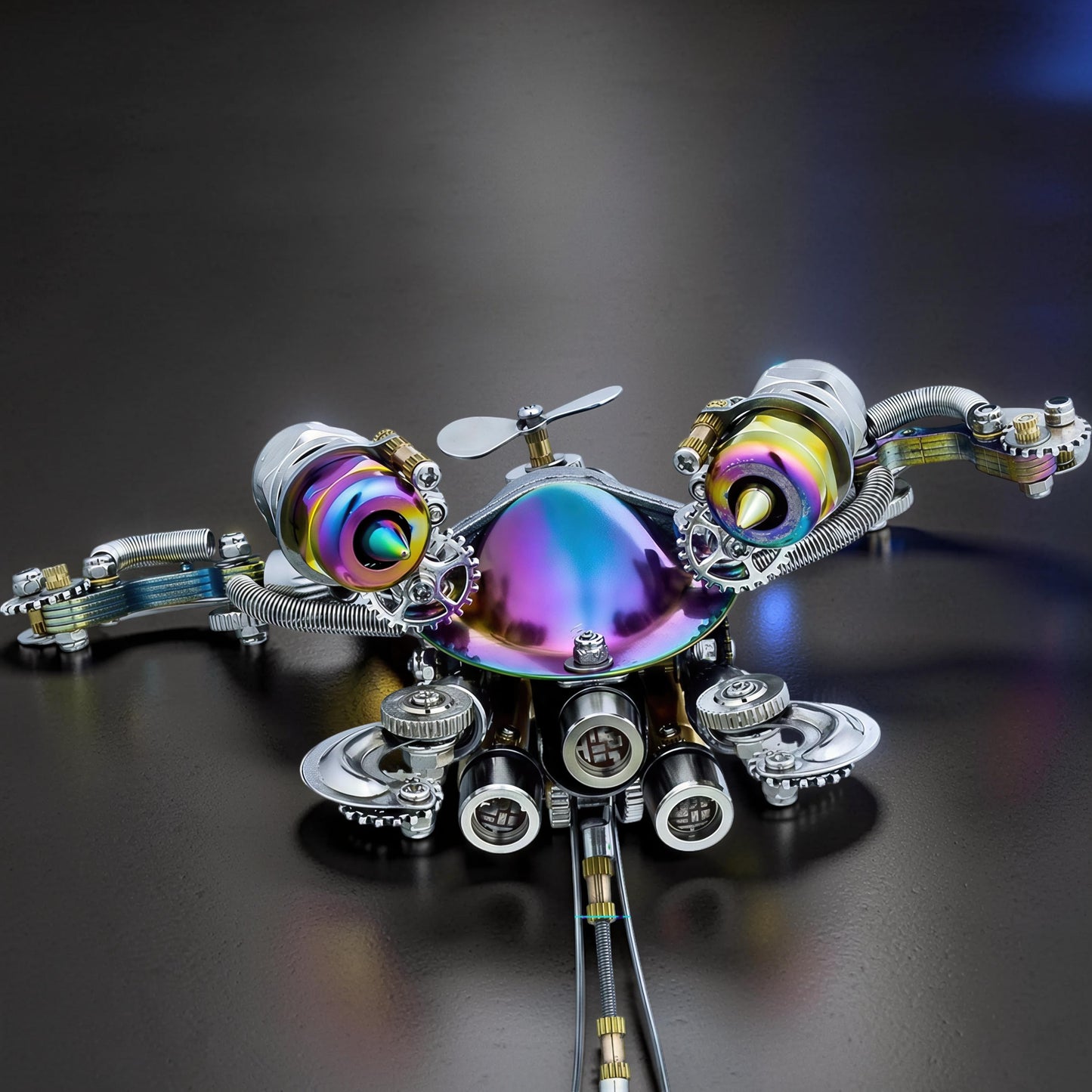 The Curious Mind Punk-Style 3D metal model kit features a iridescent turtle-shaped body with mechanical details, gears, and a propeller.