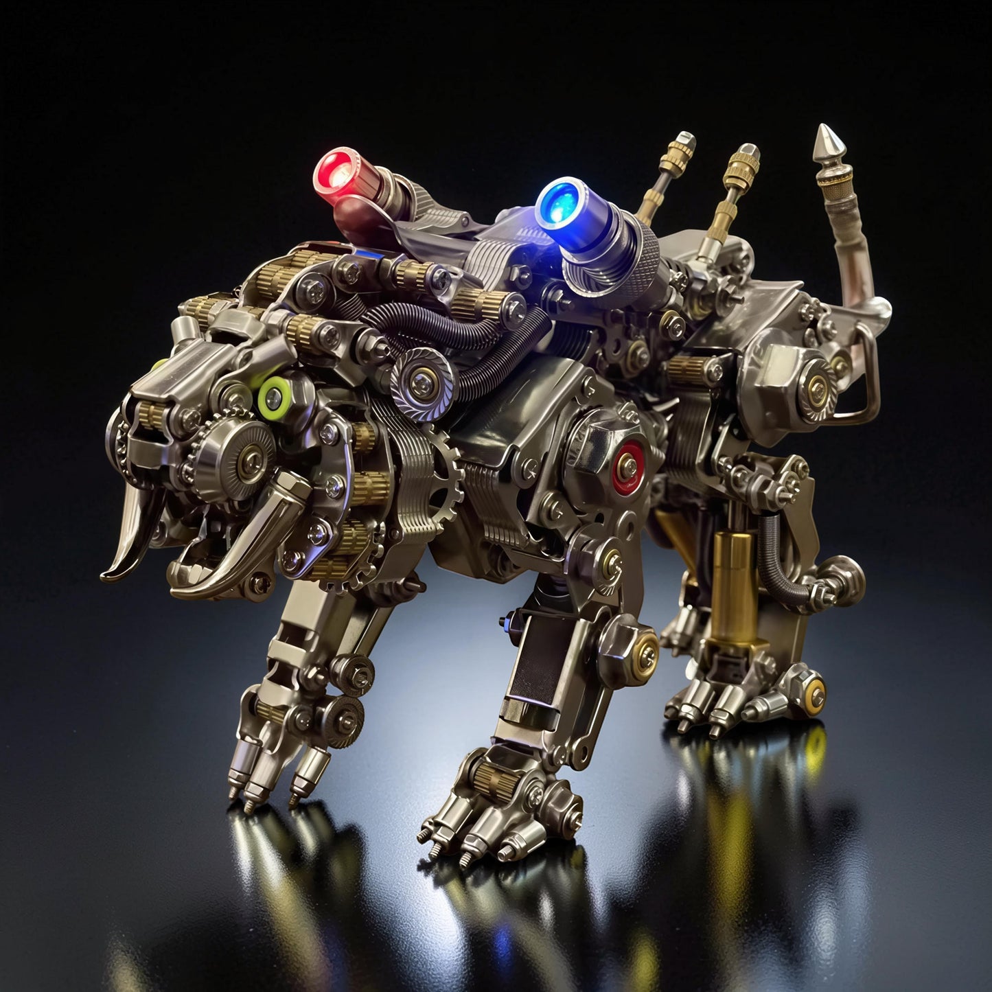 The Curious Mind steampunk metal tiger model kit with intricate gears, pipes, and red/blue lights. Features feathered wings and detailed mechanical legs.