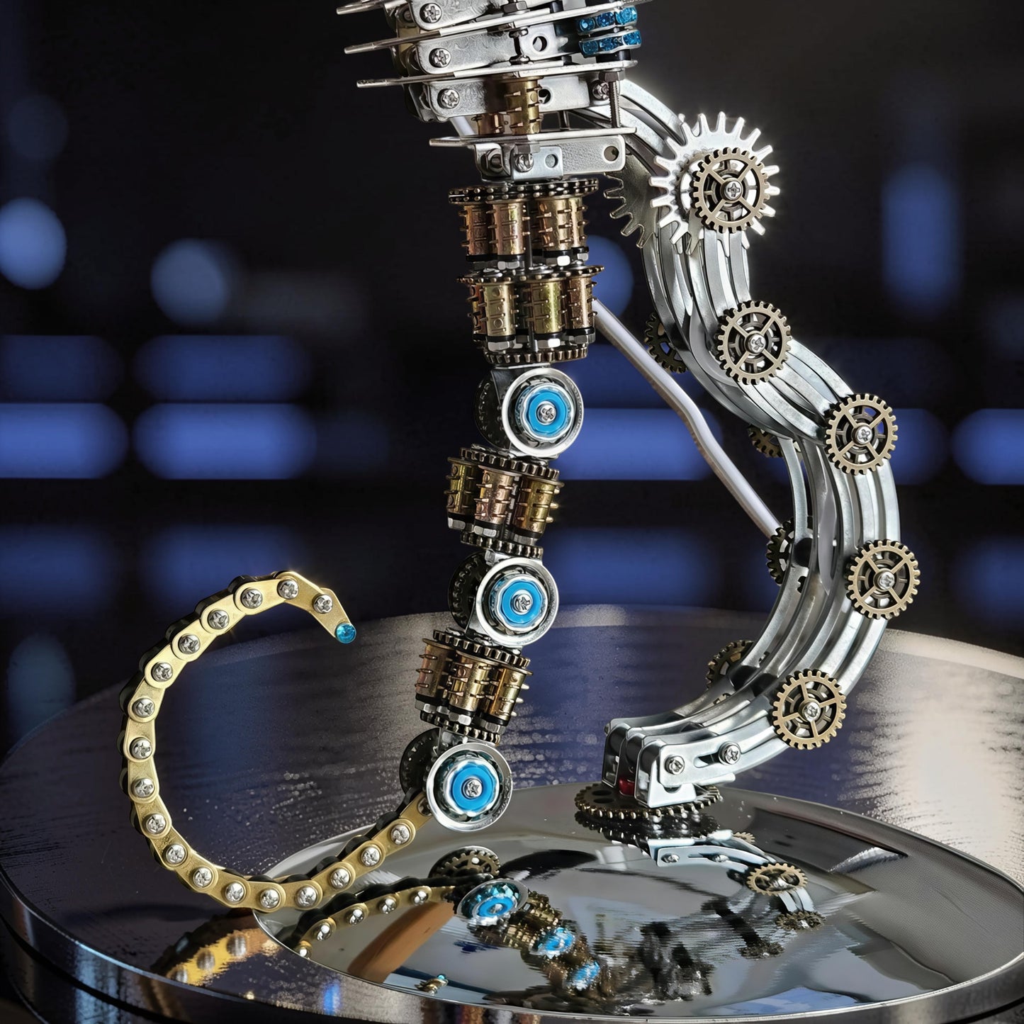 The Curious Mind Steampunk Seahorse 3D metal model kit with gears, blue accents, and a gold chain tail.