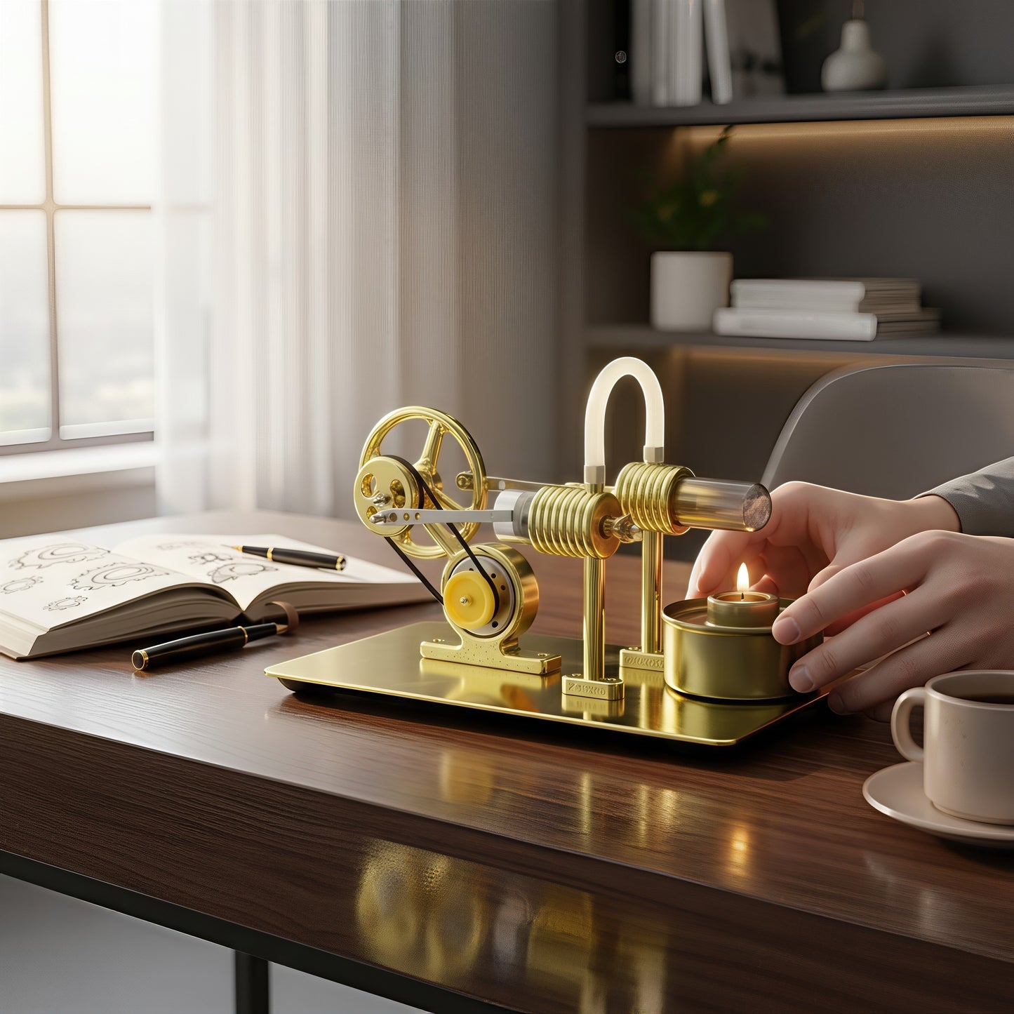The Curious Mind Classic Stirling Engine DIY Kit, a gold metal model with a glass cylinder, powered by a small candle, on a desk with a notebook and coffee.