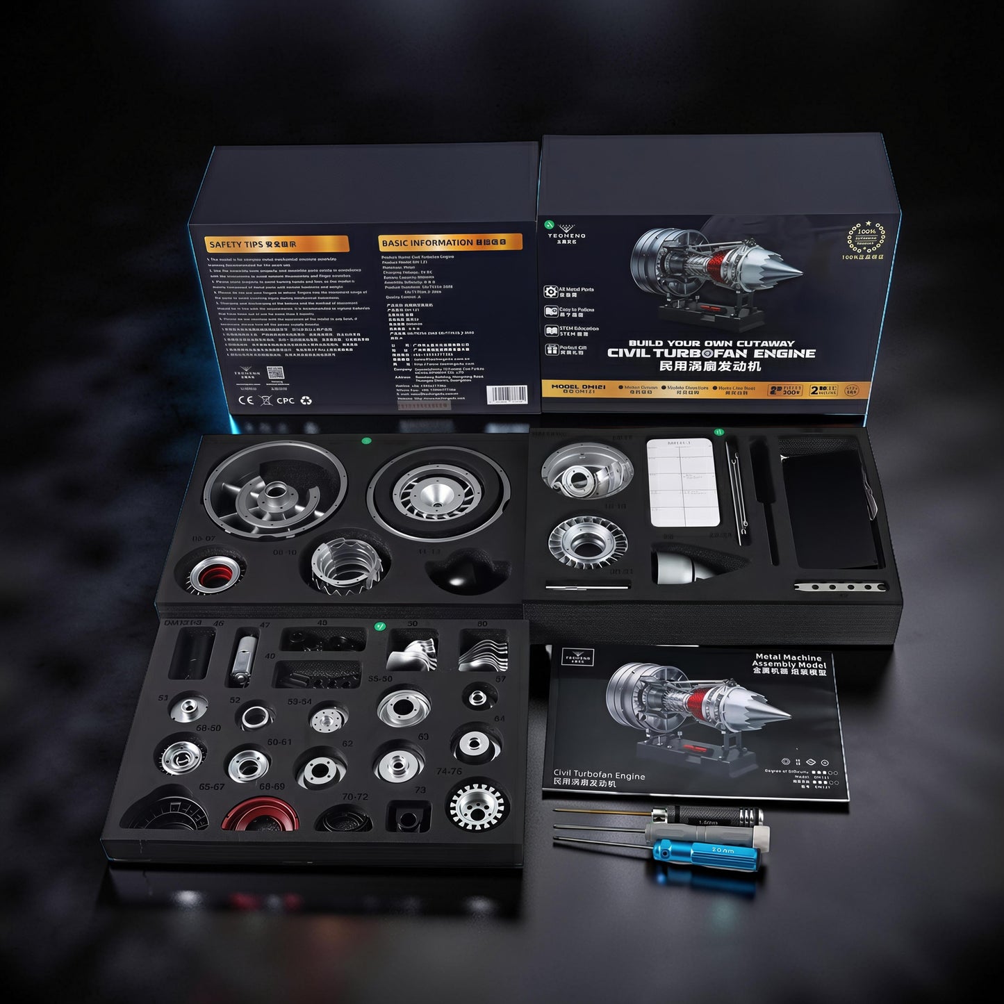 The Curious Mind Medium Turbofan Engine DIY Kit with metal parts, tools, and assembly manual.