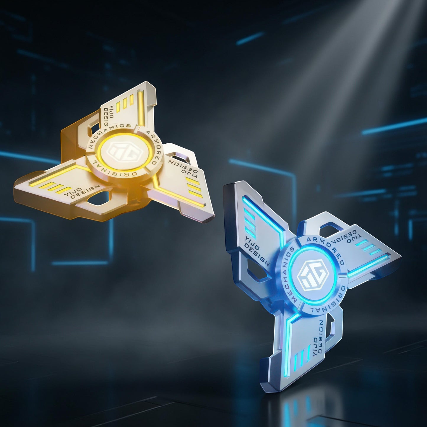 The Curious Mind Armoured Mech Glow Spinner in silver with blue glow accents and gold with yellow glow accents.