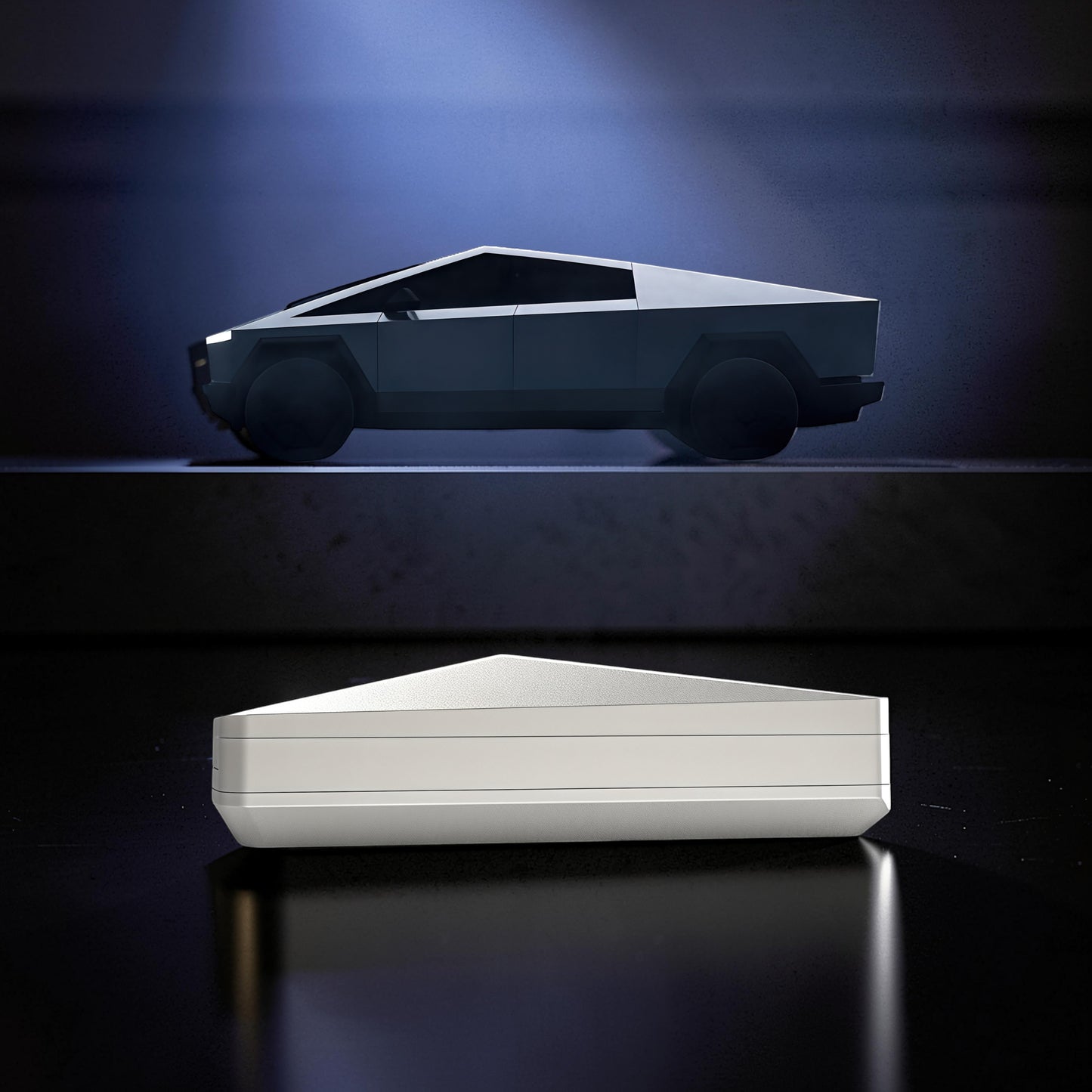 The Curious Mind Cyberpunk Truck Push Slider, a compact silver metal fidget toy with a sleek, angular design.