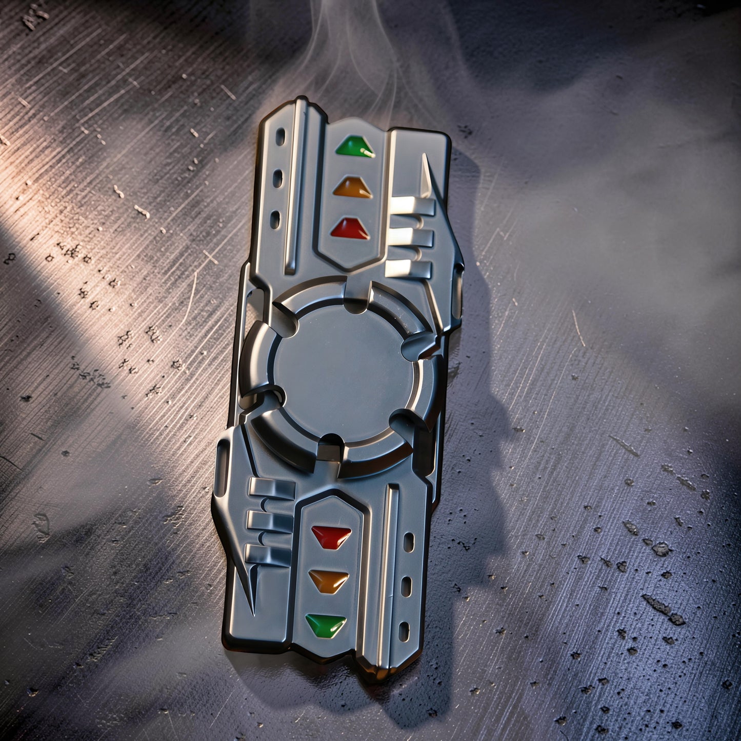 The Curious Mind Laser Cannon Glow Spinner, a futuristic metal fidget spinner with red, orange, and green accents.