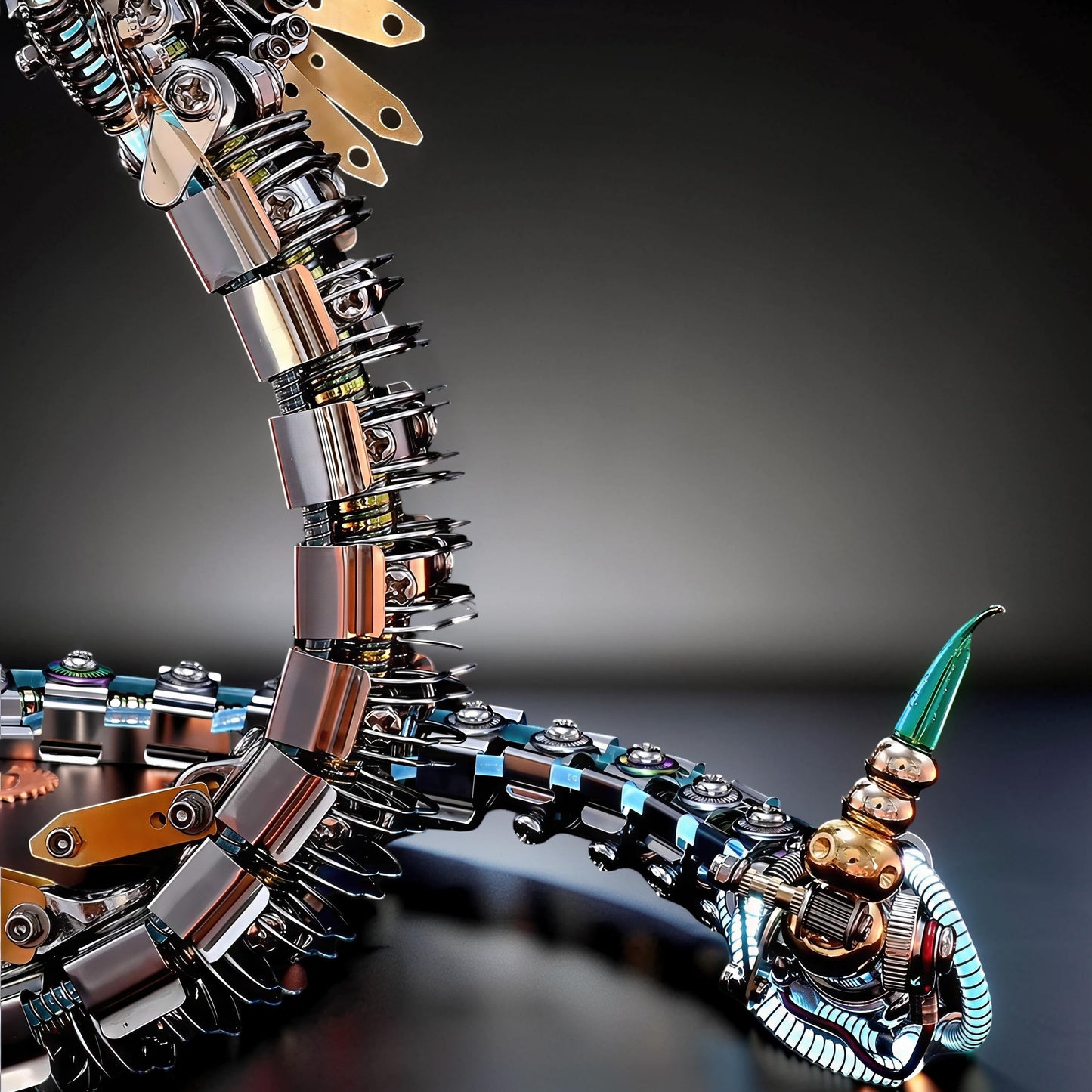 The Curious Mind Steampunk Cobra 3D metal model kit with intricate mechanical details and a green jewel-like head.