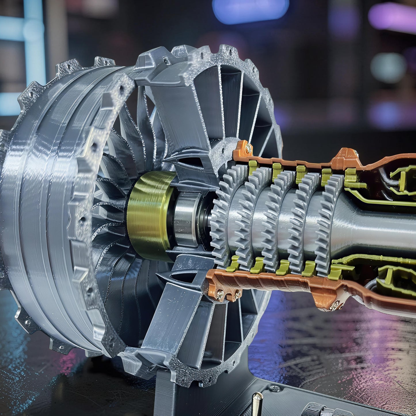 The Curious Mind TR900 Turbofan Engine DIY Kit, a detailed PLA model with silver, gold, and bronze components, showcasing intricate gears and fan blades.