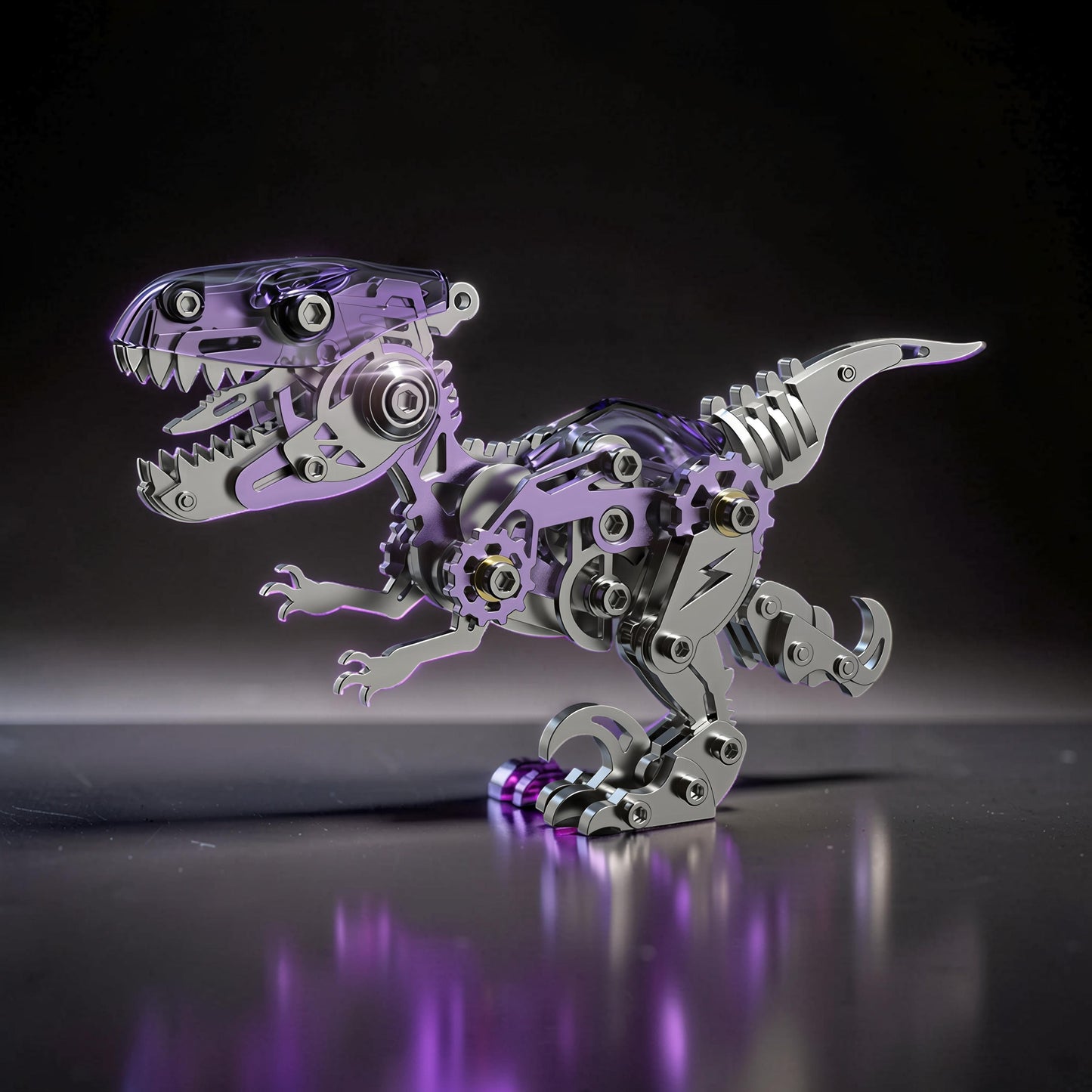 The Curious Mind Velociraptor 3D metal model kit with intricate gears and purple translucent accents.
