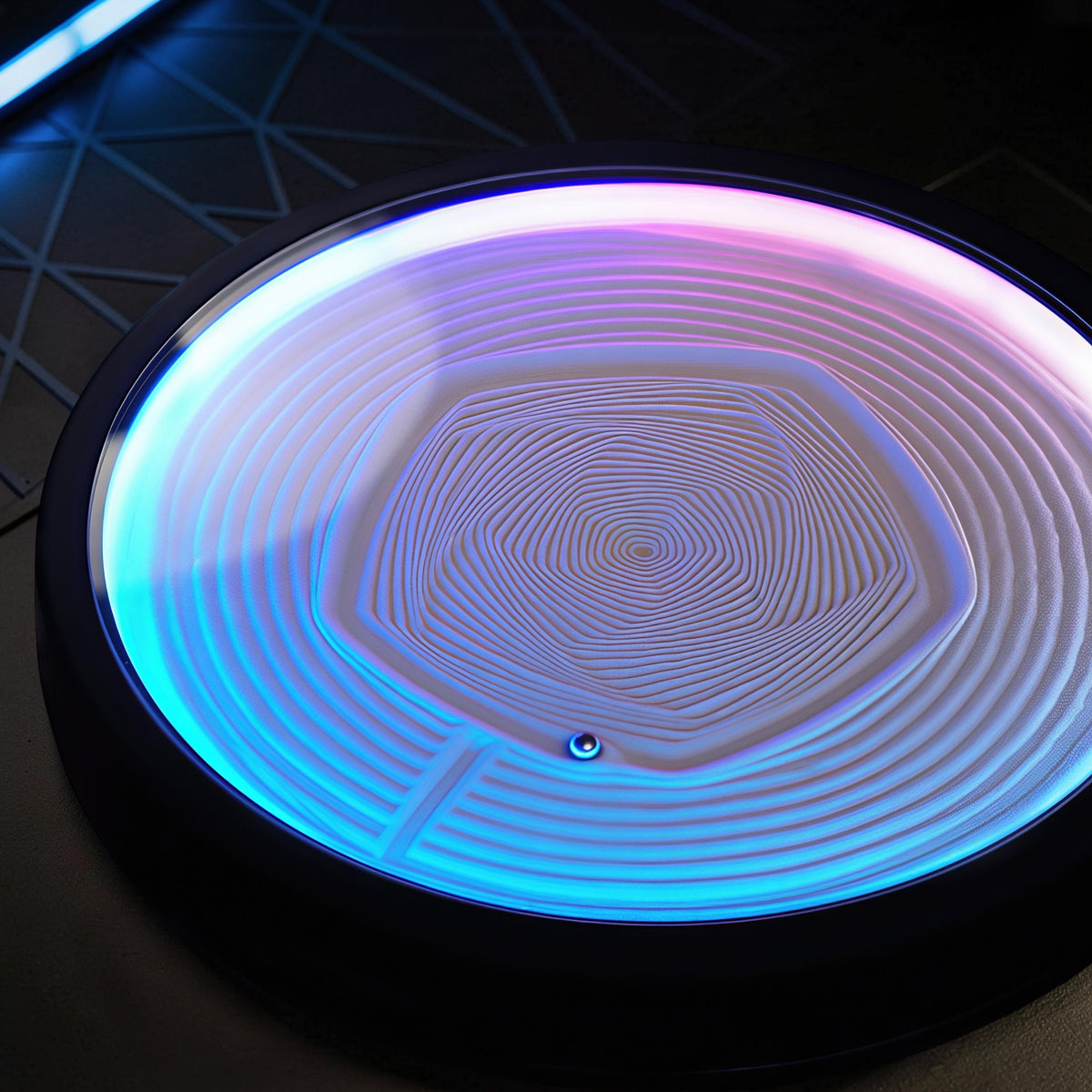 The Curious Mind Kinetic Sand Painting Machine, 20cm, with a hexagonal pattern and blue/pink LED lighting.