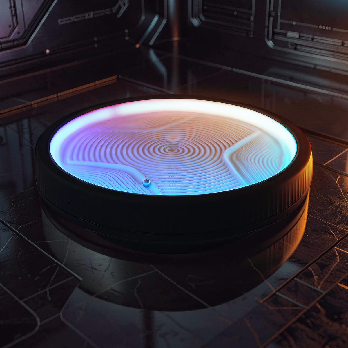 The Curious Mind Kinetic Mini Sand Painting Machine with a 20cm diameter, featuring a mesmerizing sand art display with colorful LED lighting.