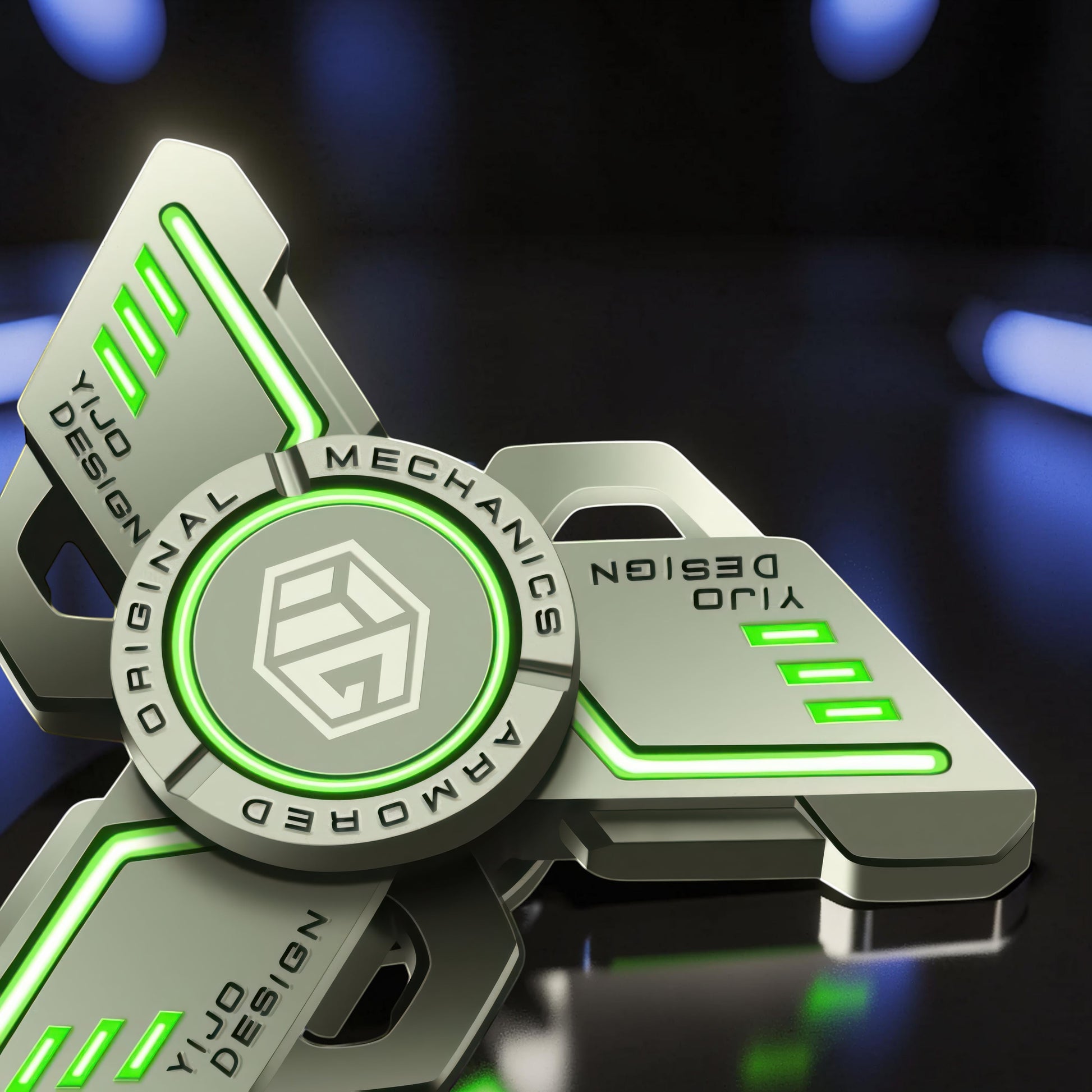 The Curious Mind Armoured Mech Glow Spinner is a futuristic metal tri-spinner with green glow-strip accents and a central logo.