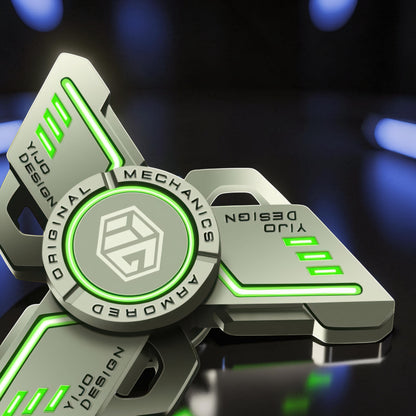The Curious Mind Armoured Mech Glow Spinner is a futuristic metal tri-spinner with green glow-strip accents and a central logo.