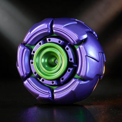 The Curious Mind Open Armour Hand Spinner is a metallic, spherical fidget toy in purple and green with a unique, segmented design for satisfying rotation.