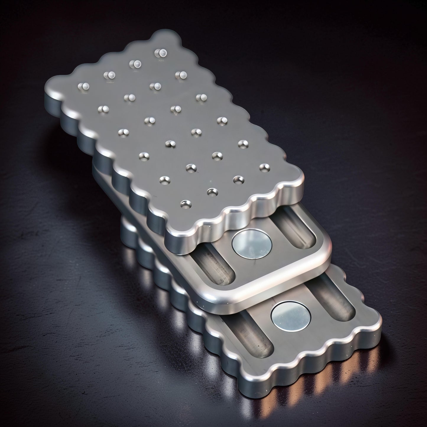 The Curious Mind Biscuit Push Card Slider, a compact metal fidget toy with a biscuit design, featuring satisfying click and press actions.