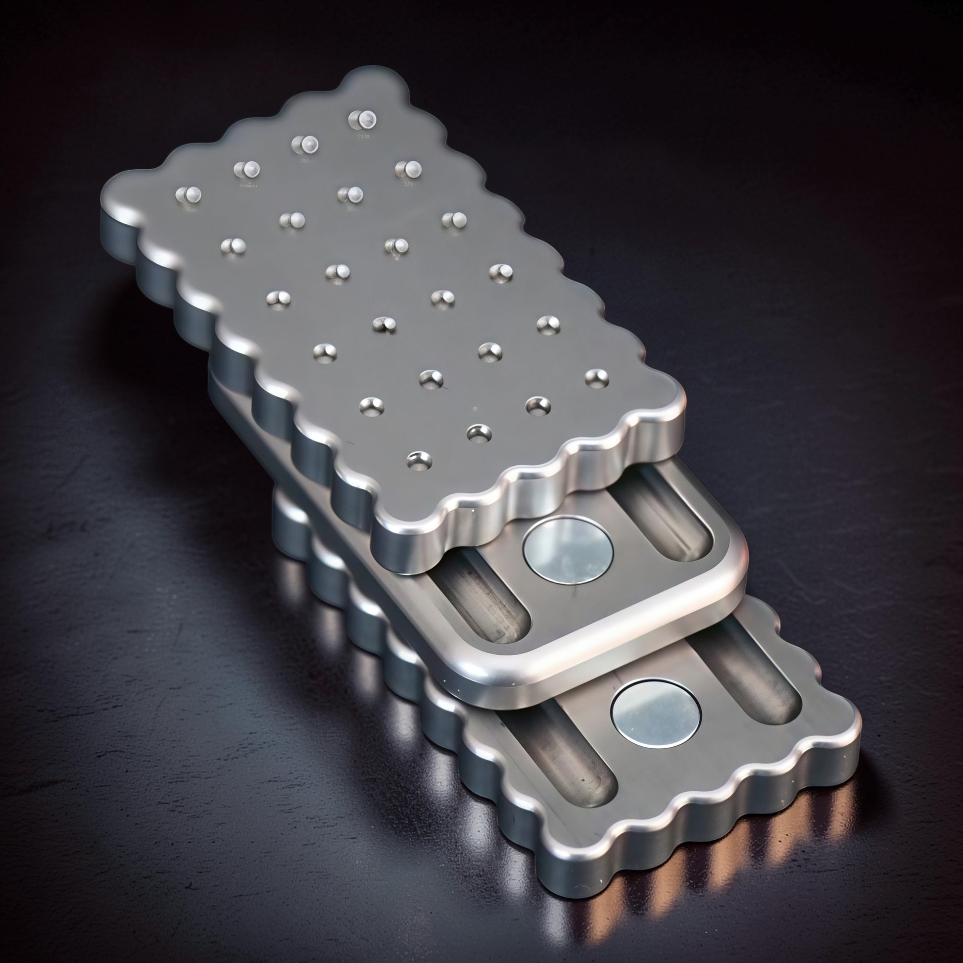 The Curious Mind Biscuit Push Card Slider, a compact metal fidget toy with a biscuit design, featuring satisfying click and press actions.
