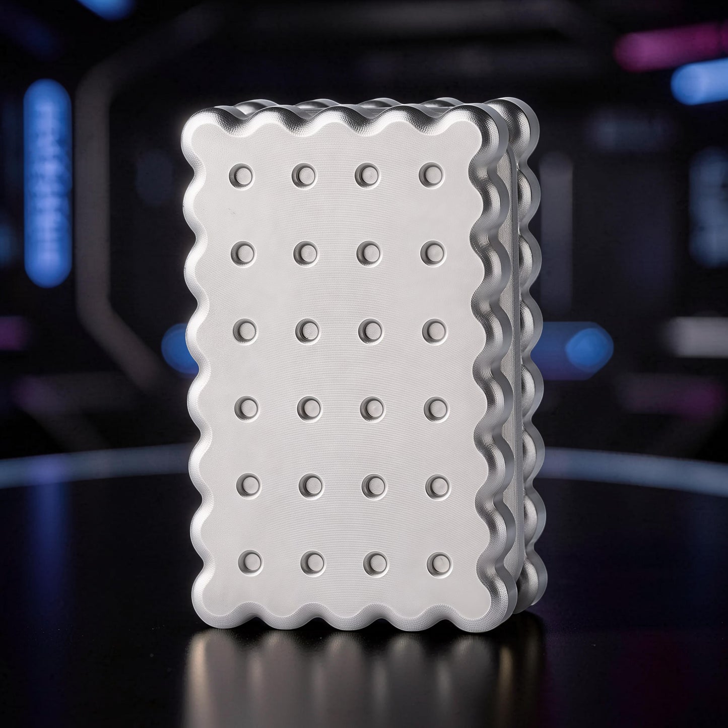 The Curious Mind Biscuit Push Card Slider, a silver metal fidget toy with a scalloped edge and dimpled surface.