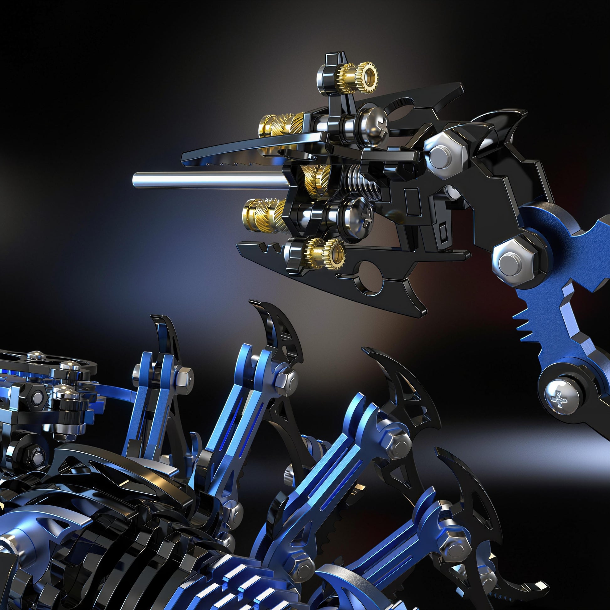 The Curious Mind Black Edition Mechanical Scorpion 3D metal model kit with intricate gears and blue accents.
