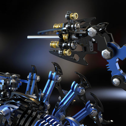The Curious Mind Black Edition Mechanical Scorpion 3D metal model kit with intricate gears and blue accents.