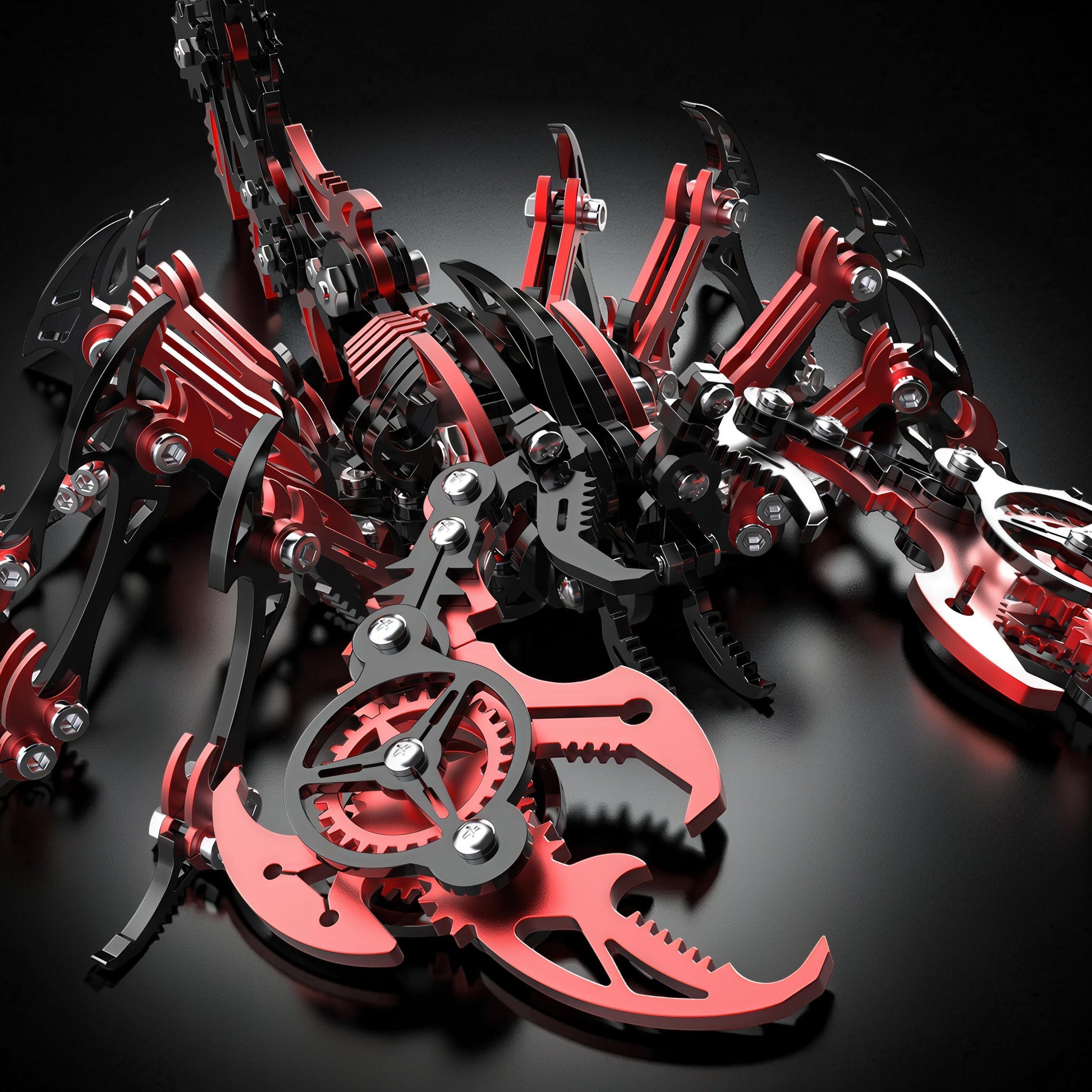 The Curious Mind Black Edition Mechanical Scorpion 3D metal model kit with intricate gears and red accents.