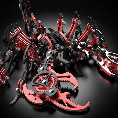 The Curious Mind Black Edition Mechanical Scorpion 3D metal model kit with intricate gears and red accents.