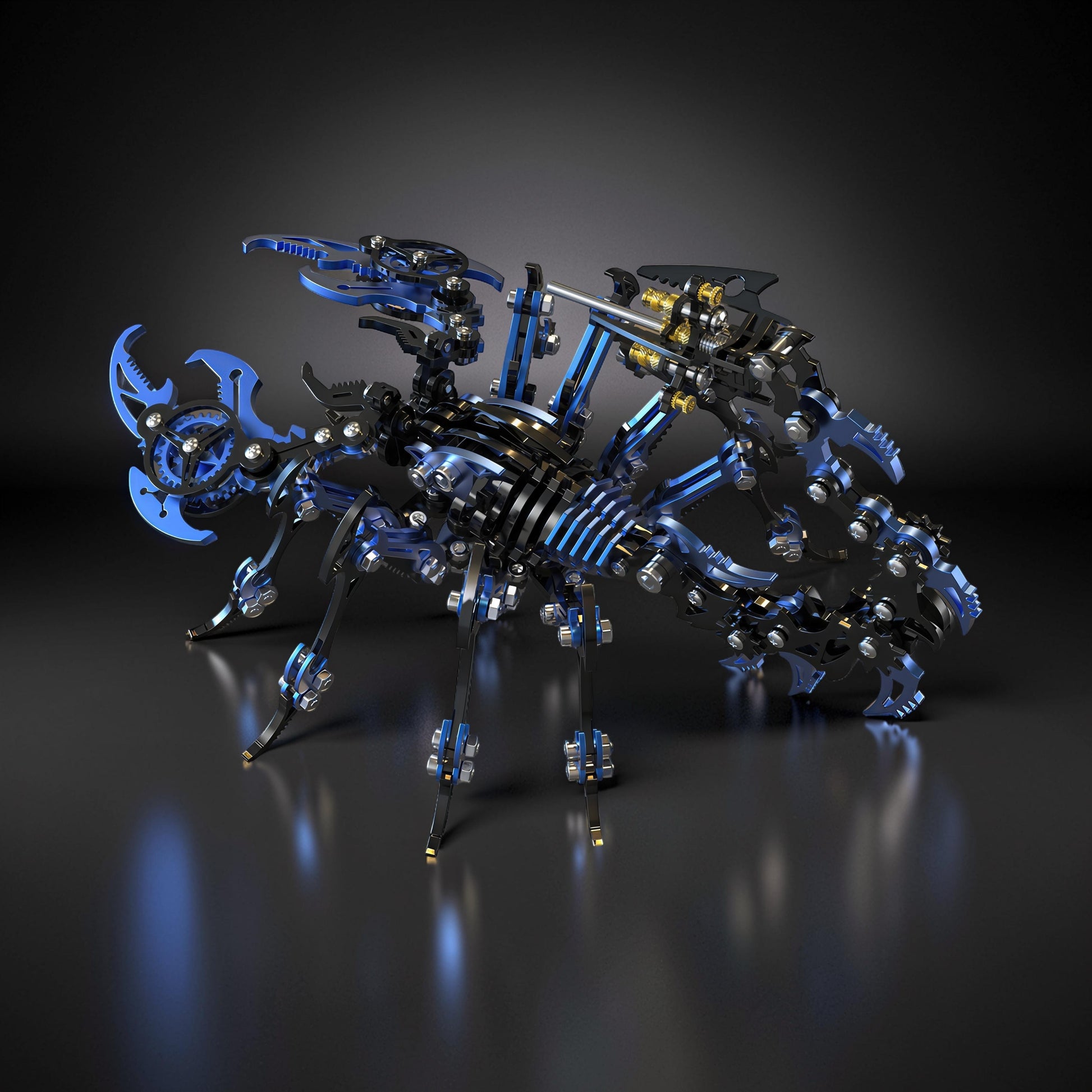 The Curious Mind Black Edition Mechanical Scorpion 3D metal model kit with blue and black accents, intricate gears, and detailed construction.