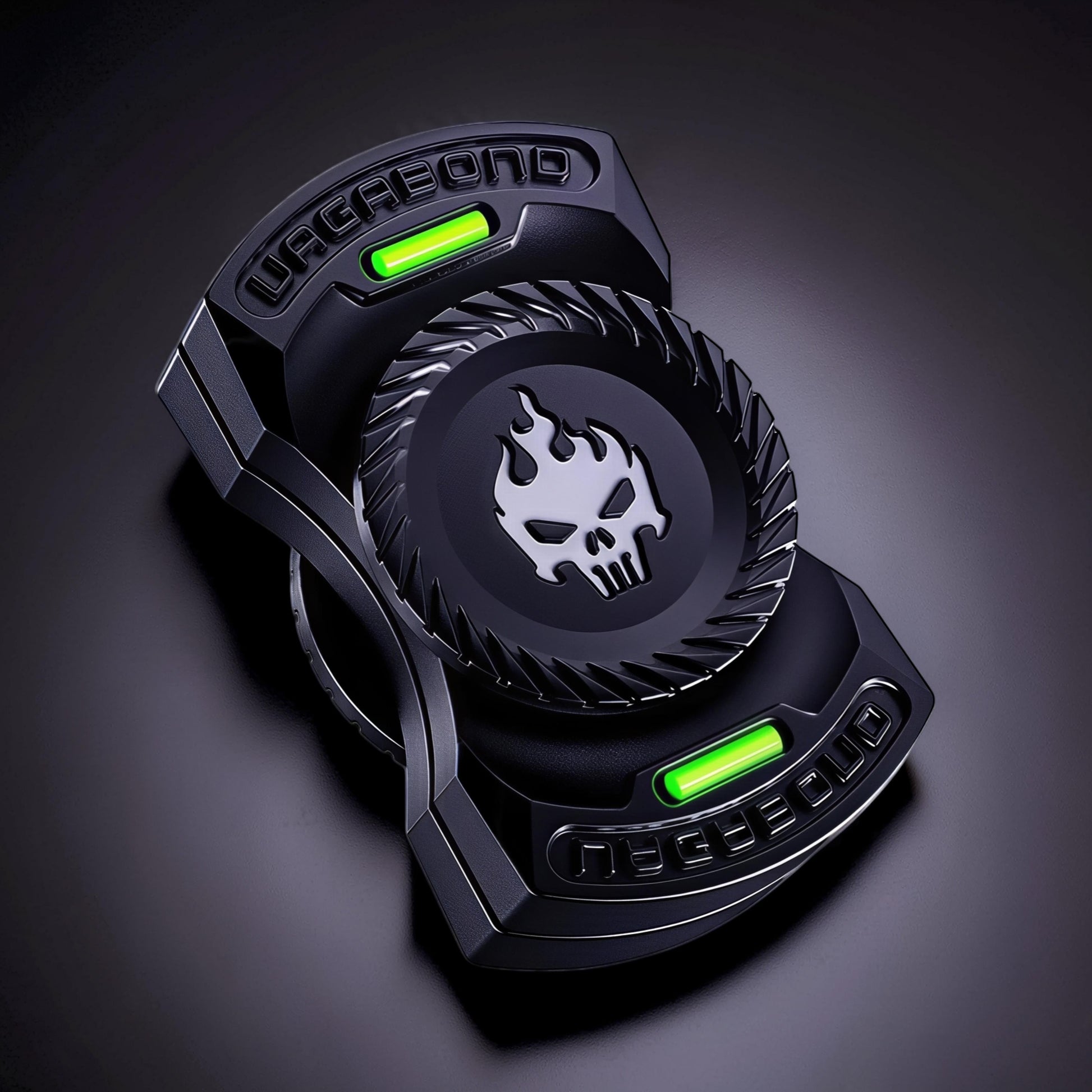 The Curious Mind black metal fidget spinner with skull and flames emblem and green LED lights.