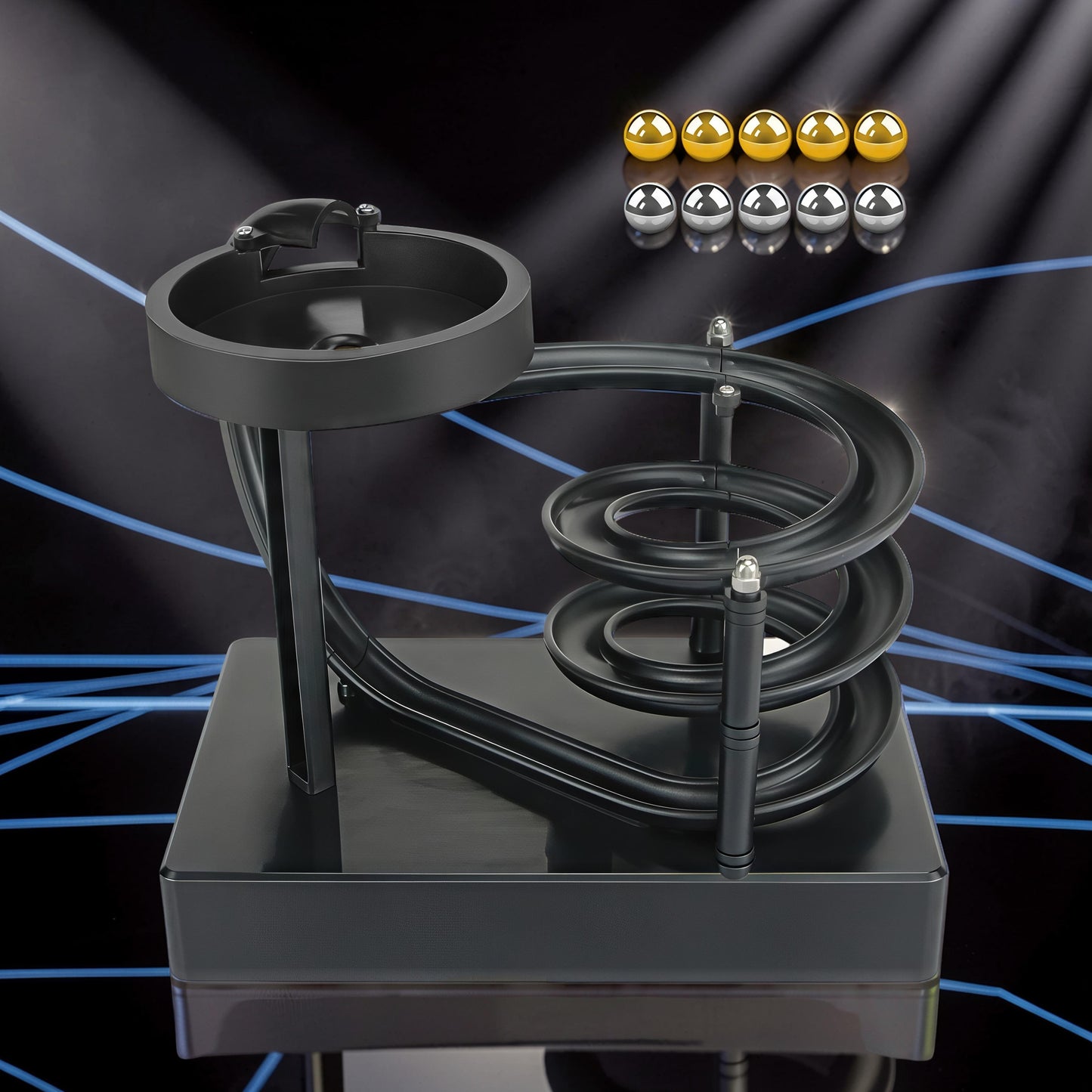 The Curious Mind black electromagnetic perpetual motion machine with wooden, metal, and magnet construction. Features a spiral track and balls.