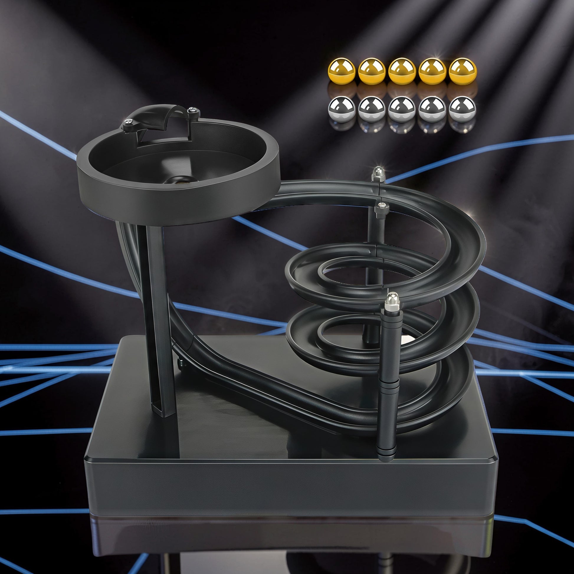 The Curious Mind black electromagnetic perpetual motion machine with wooden, metal, and magnet construction. Features a spiral track and balls.