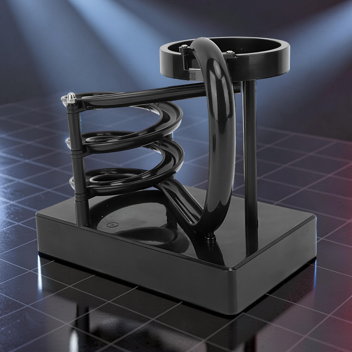 The Curious Mind black electromagnetic perpetual motion machine with a spiral track and magnetic elements, made of wood, metal, and magnet.