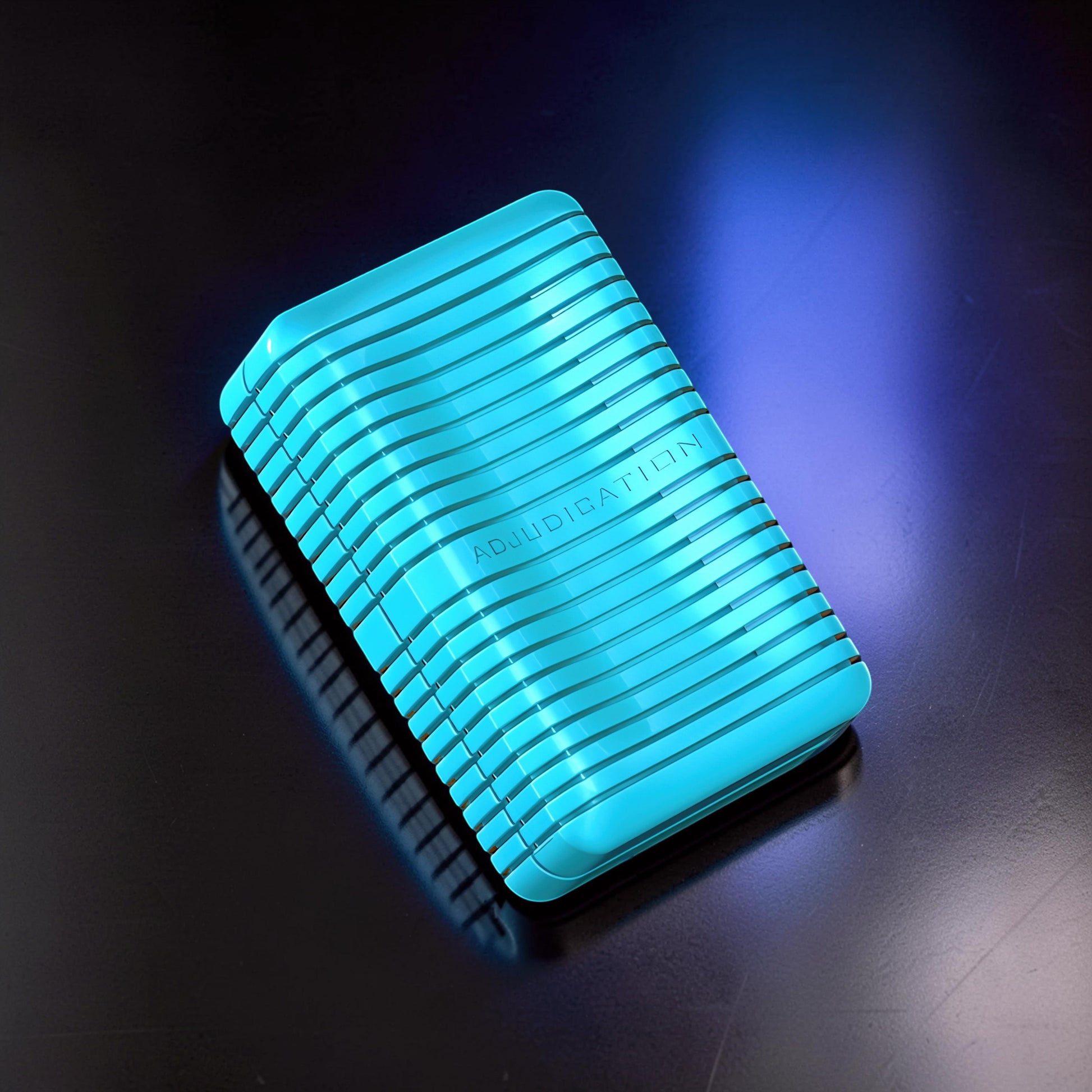 The Curious Mind blue metal magnetic slider fidget toy with a ribbed, wave-like design and embossed text.
