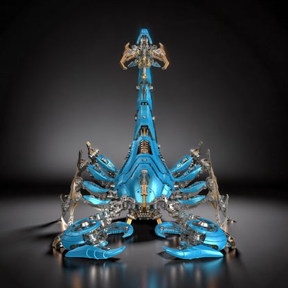 The Curious Mind Blue War Scorpion King 3D metal model kit with intricate mechanical details and gold accents.