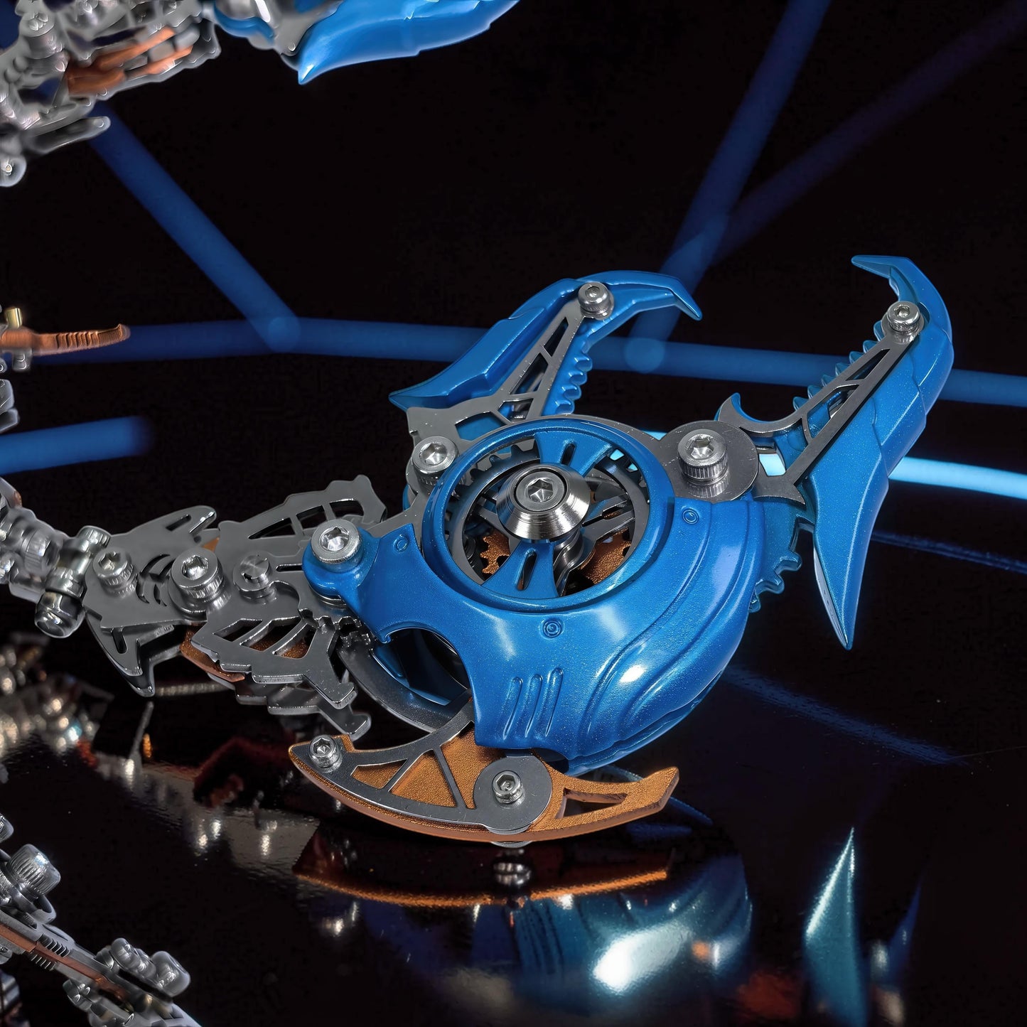 The Curious Mind Blue War Scorpion King 3D metal model kit with intricate gears and metallic blue finish.