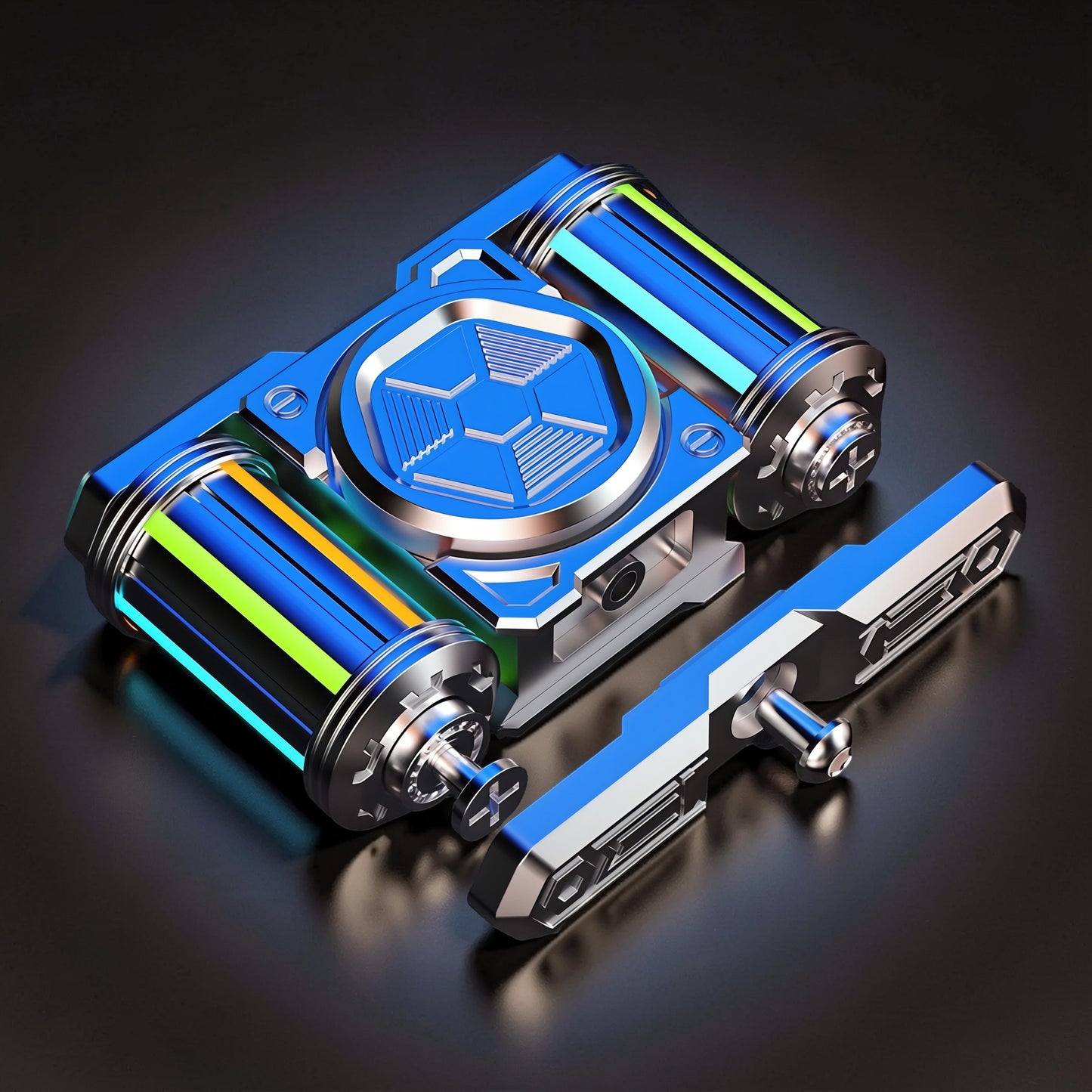 The Curious Mind blue metal EDC spinner with colourful striped inserts and a detachable arm.