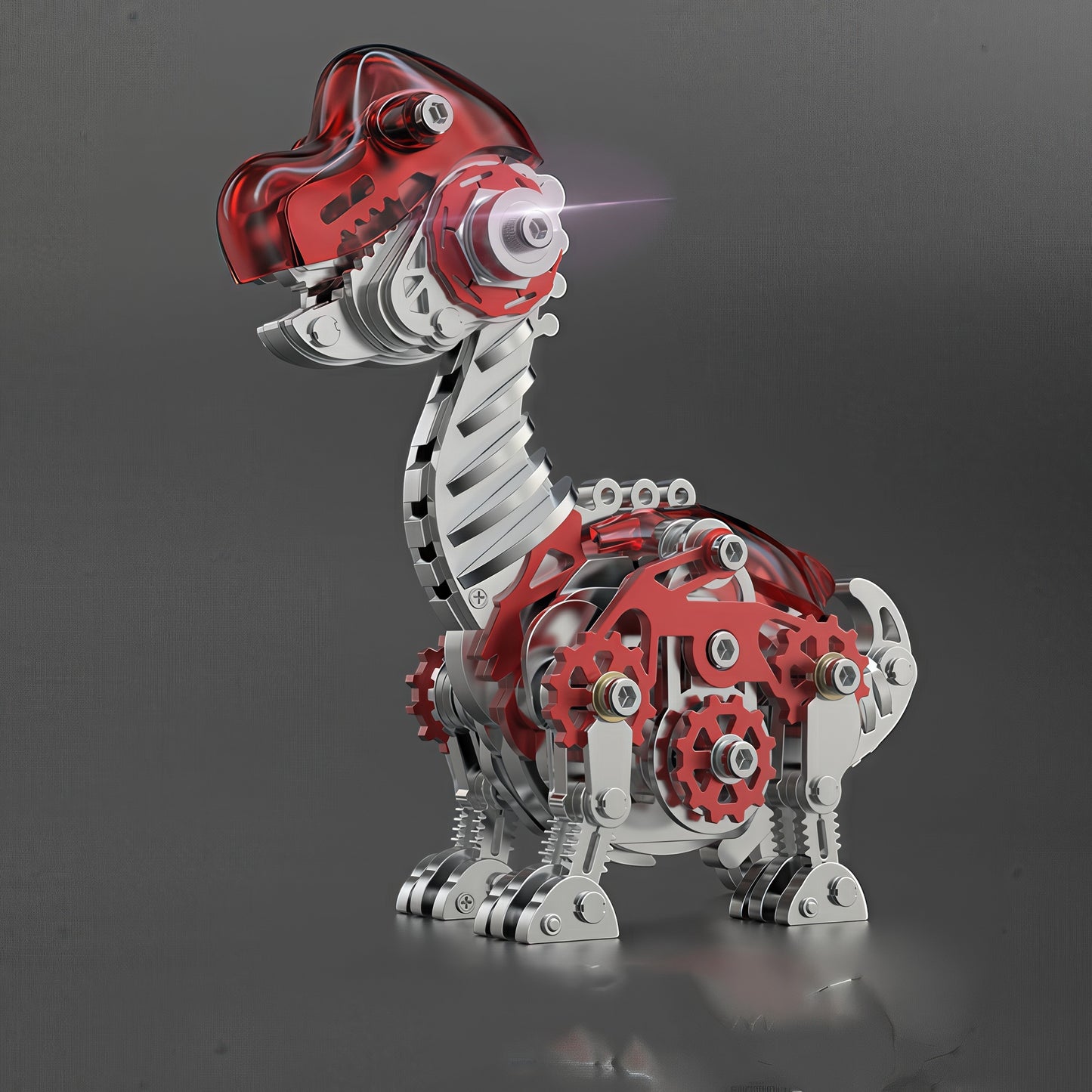 The Curious Mind Brachiosaurus 3D metal model kit with red translucent head and silver metal body, featuring intricate gears and mechanical details.