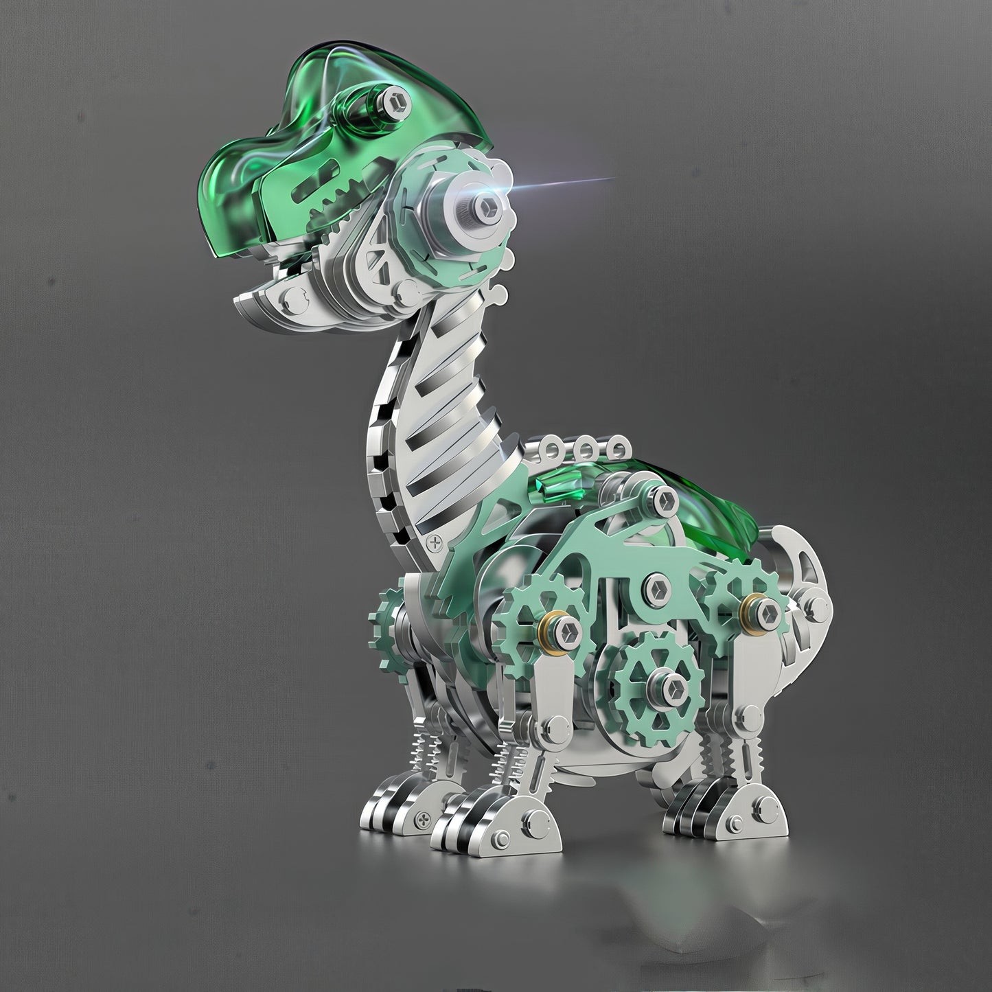 The Curious Mind Brachiosaurus 3D metal model kit with green translucent accents and visible gears.