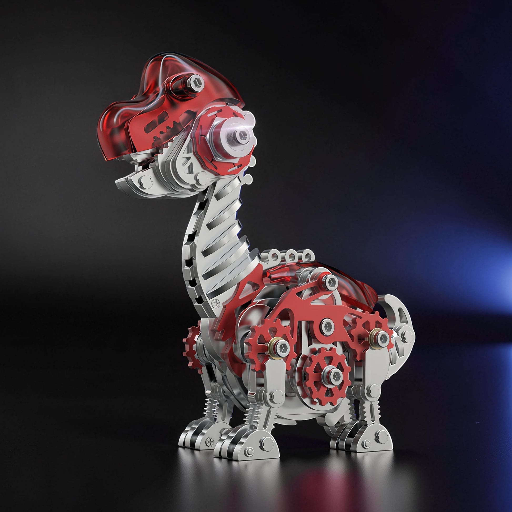 The Curious Mind Brachiosaurus 3D metal model kit with red translucent head and body accents, intricate gears and silver metal construction.