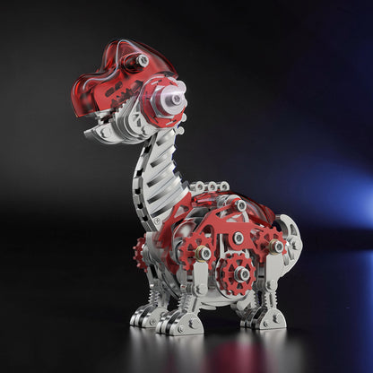 The Curious Mind Brachiosaurus 3D metal model kit with red translucent head and body accents, intricate gears and silver metal construction.