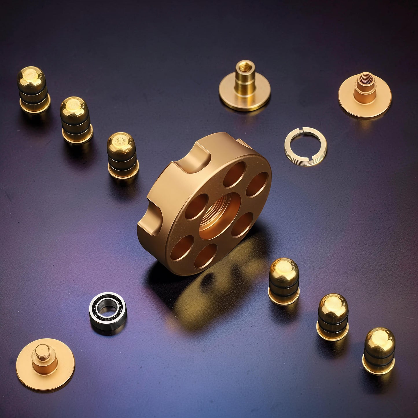 The Curious Mind Brass Finger Gyro Spinner with bearing and components. Gold-tone metal.