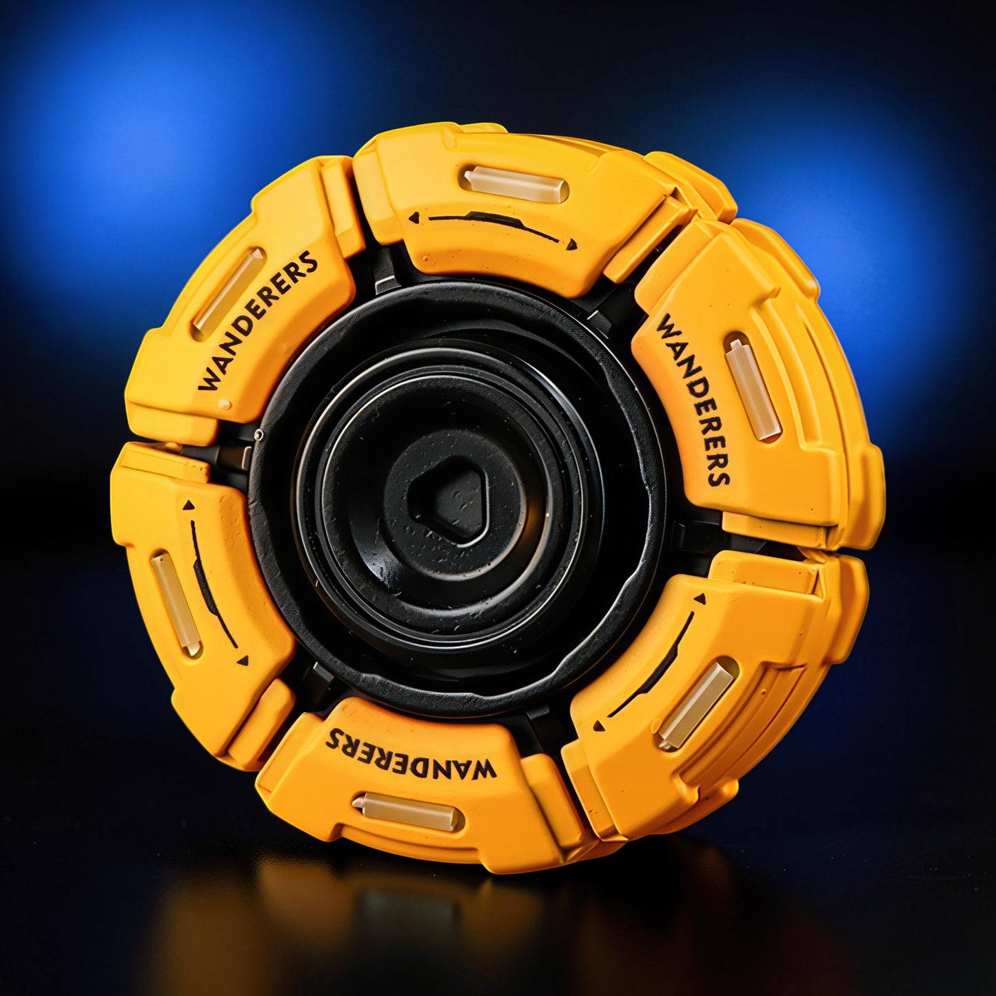 The Curious Mind Bumblebee Metal Spinner fidget toy in bright yellow with black accents and 'WANDERERS' text. Features a central bearing and segmented outer shell.