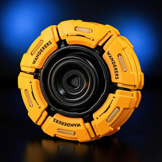 The Curious Mind Bumblebee Metal Spinner fidget toy in bright yellow with black accents and 'WANDERERS' text. Features a central bearing and segmented outer shell.