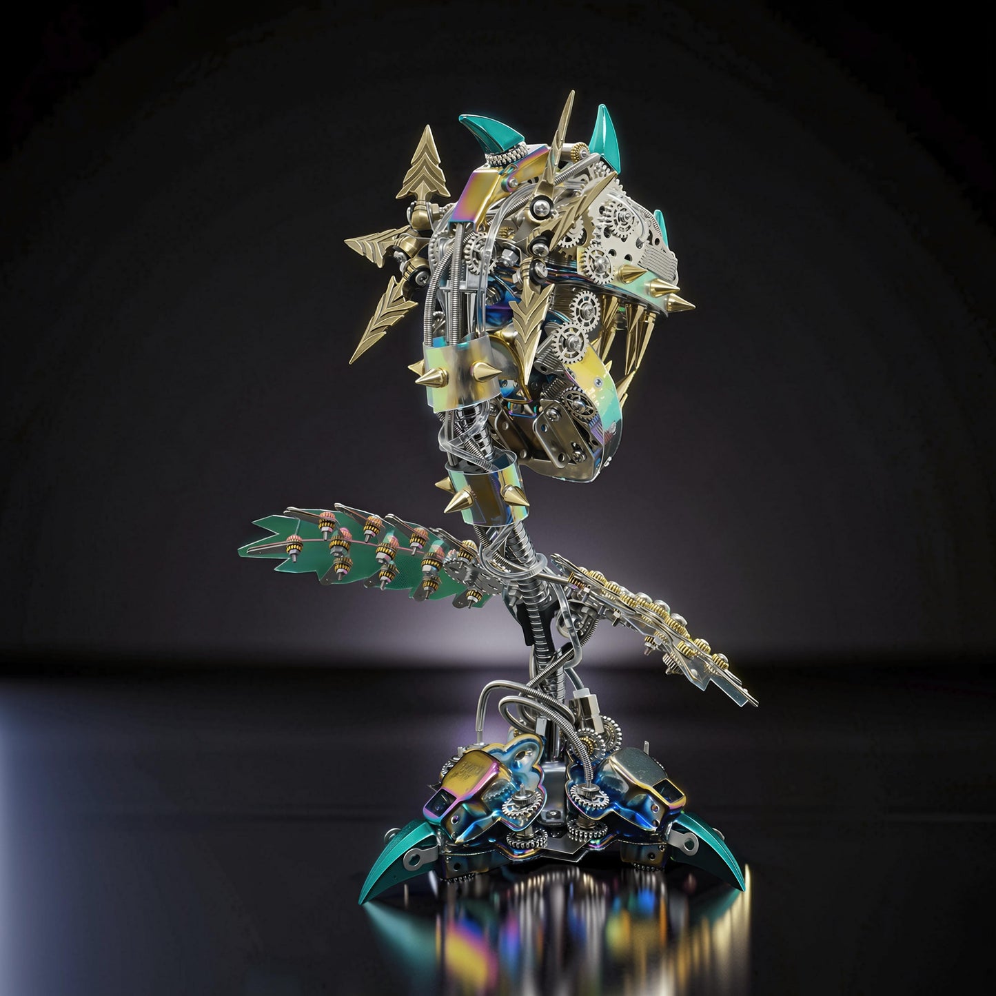The Curious Mind Cannibal Flower steampunk 3D metal model kit with intricate gears, spikes, and iridescent teal accents.