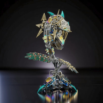 The Curious Mind Cannibal Flower steampunk 3D metal model kit with intricate gears, spikes, and iridescent teal accents.