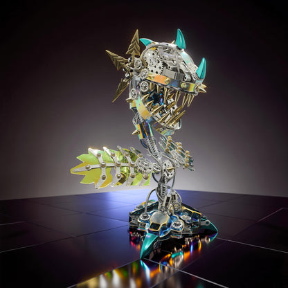 The Curious Mind Cannibal Flower steampunk 3D metal model kit with intricate gears, spikes, and iridescent green fins.