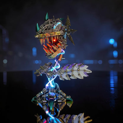 The Curious Mind Cannibal Flower steampunk 3D metal model kit with intricate gears, sharp teeth, and LED lights.