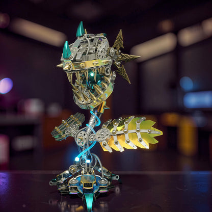 The Curious Mind Cannibal Flower steampunk 3D metal model kit with intricate gears, spikes, and iridescent green and gold metallic finishes.