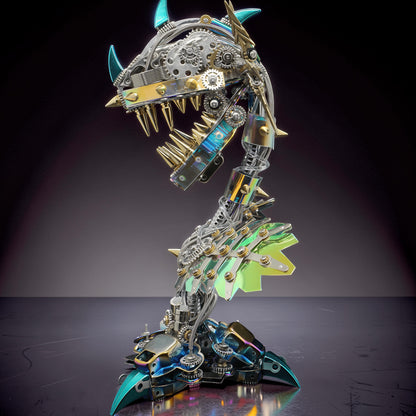The Curious Mind Cannibal Flower steampunk 3D metal model kit, a metallic creature with gears, spikes, and iridescent green accents.
