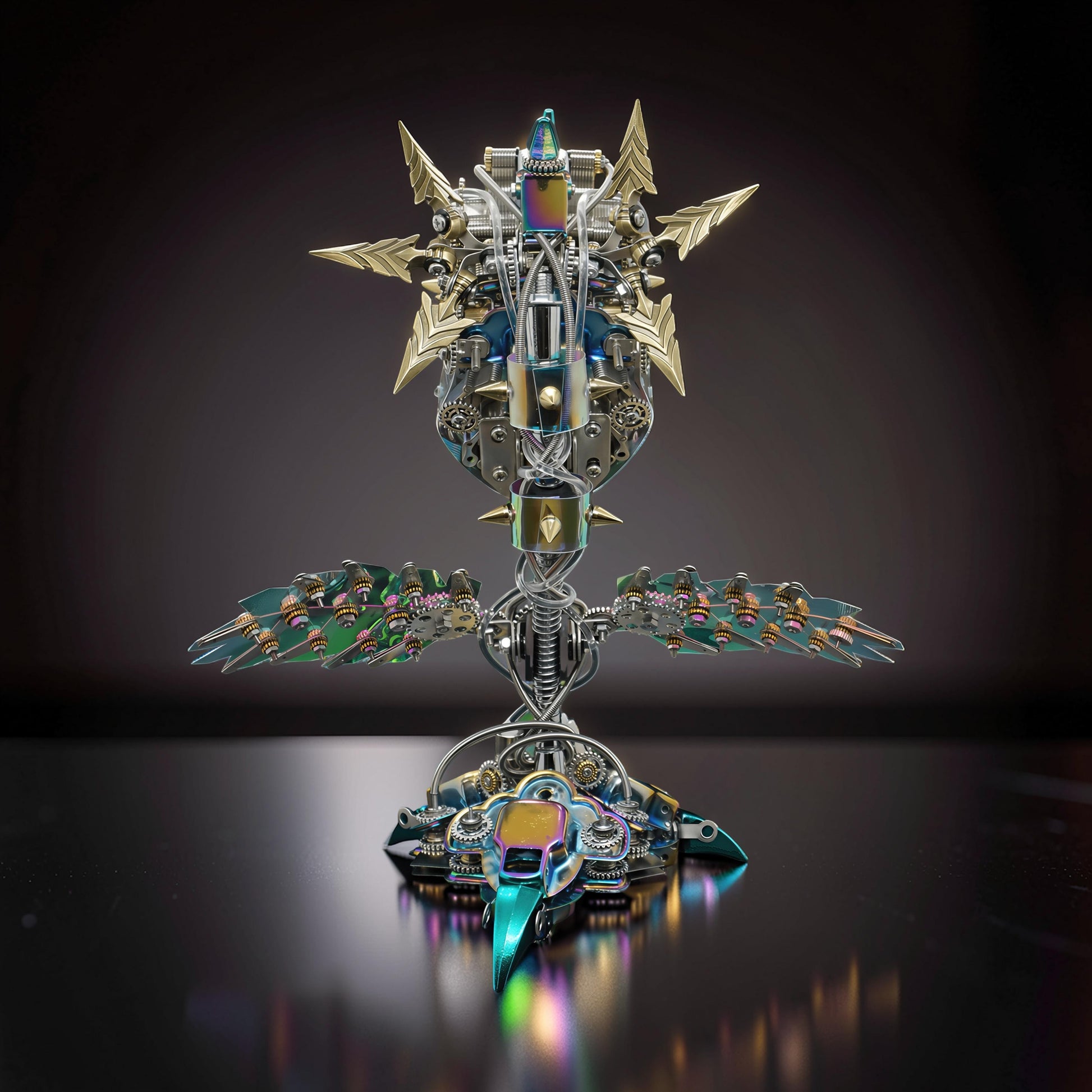 The Curious Mind Cannibal Flower steampunk 3D metal model kit with iridescent wings and golden spikes.