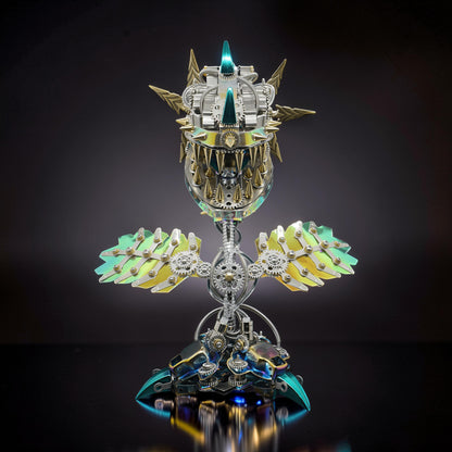 The Curious Mind Cannibal Flower steampunk 3D metal model kit with iridescent wings and sharp teeth.