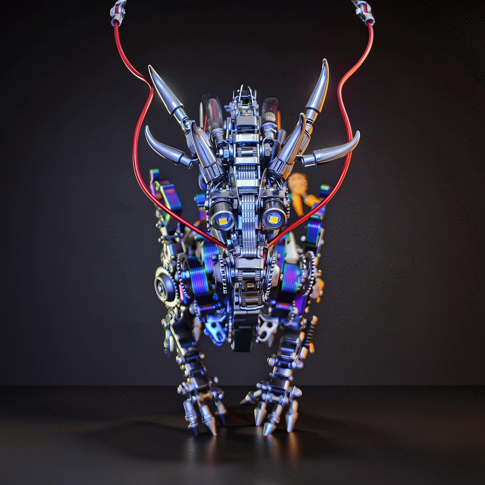 The Curious Mind Chinese Dragon premium 3D metal model kit, intricate mechanical design with iridescent accents and red wiring.